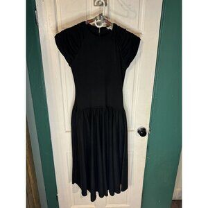 90's Michelle Stuart Black Midi Dress With Ruched Sleeves & Flared Skirt
